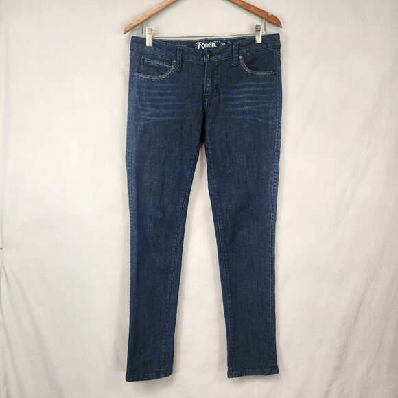 Rock 47 By Wraingler Ultra Low Rise Skinny Jeans Womens 5 Dark Wash Embroidered - Picture 1 of 10